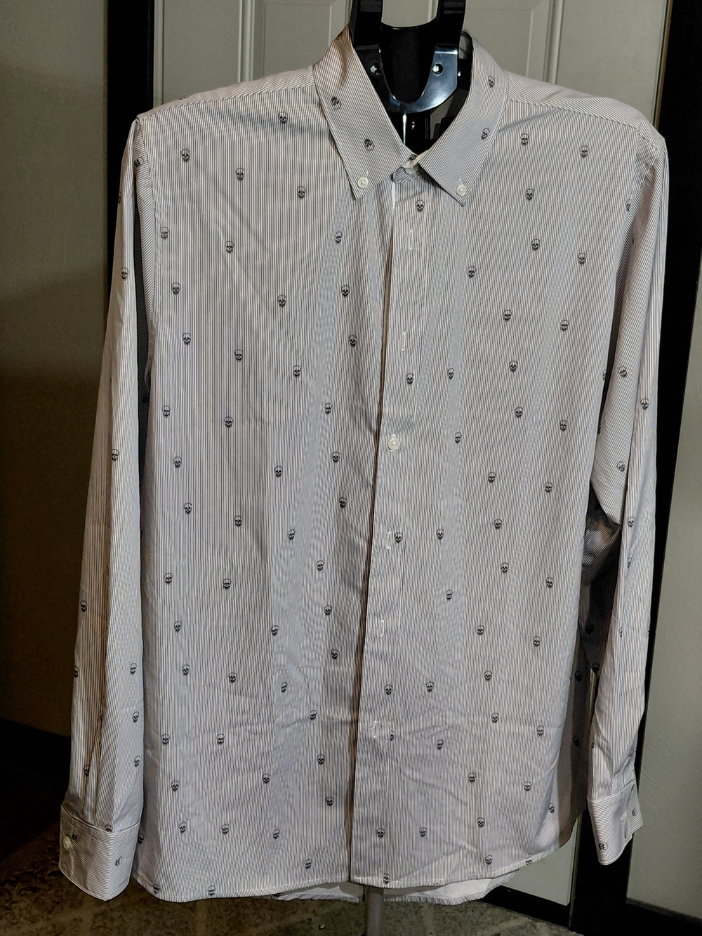 Fried Denim Mens Skulls & Stripes Long Sleeve Button Down Shirt SIZE LARGE SLIM